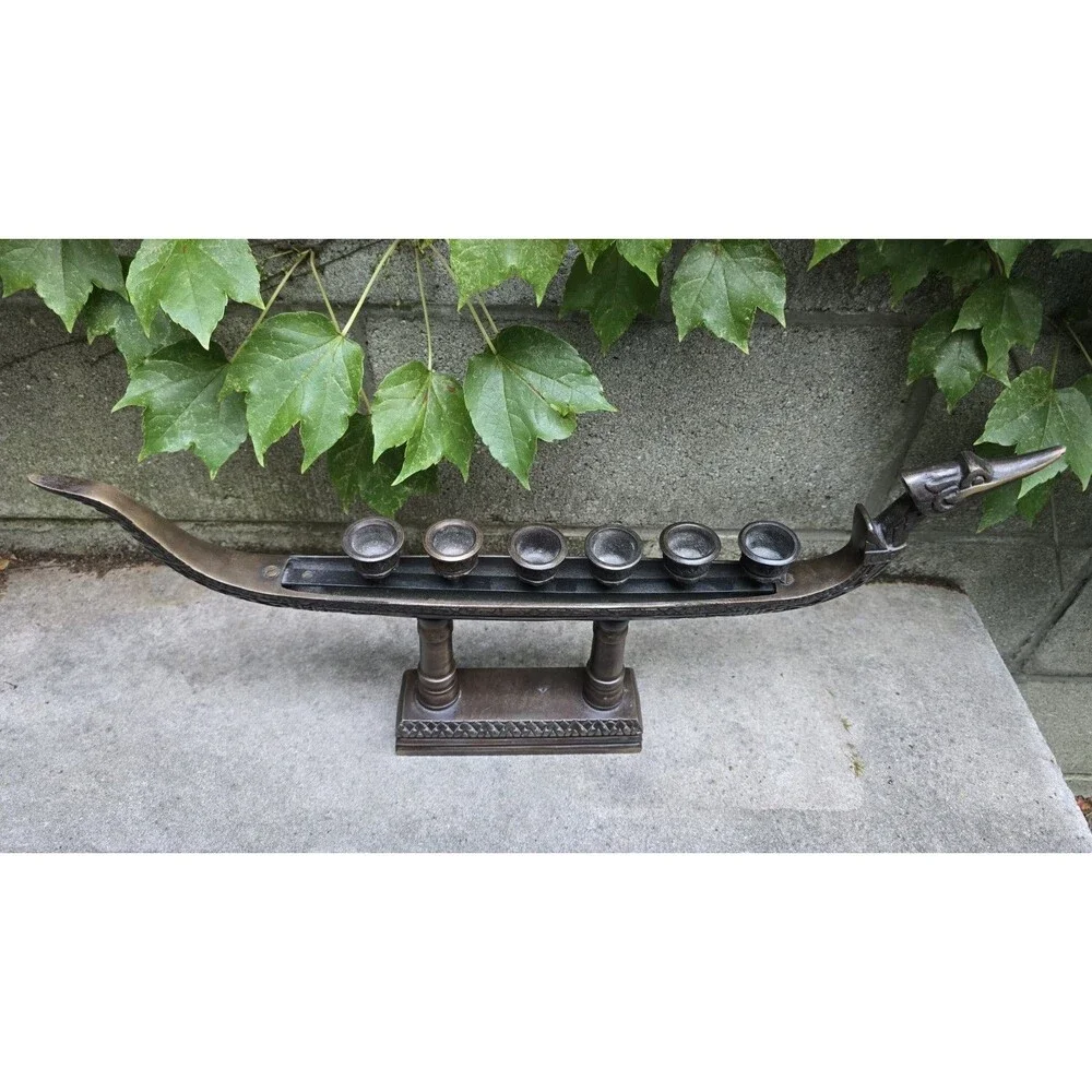 Dragon Boat Gondola Supannahong Sami 6 Candle Holder Vintage Heavy Bronze 22